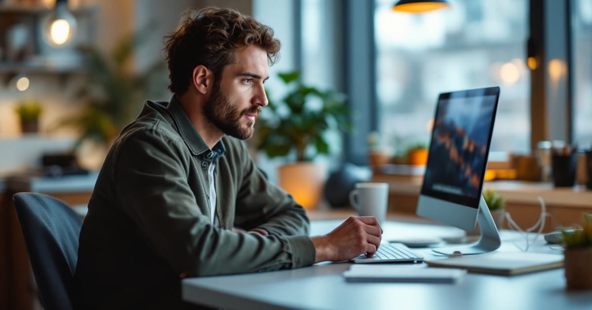 Professionnel analysant une stratégie de marketing digital sur ordinateur en environnement moderne