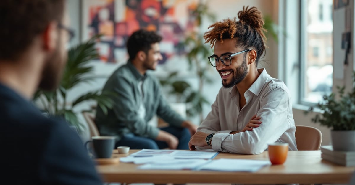 Équipe d'une agence marketing digital en réunion stratégique autour d'un tableau de bord numérique