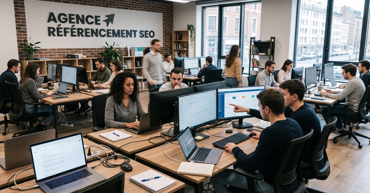 Équipe d'une agence de référencement SEO analysant une stratégie digitale sur ordinateur