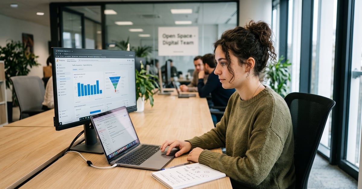 Étudiant en alternance marketing digital travaillant sur une stratégie en ligne dans un espace moderne