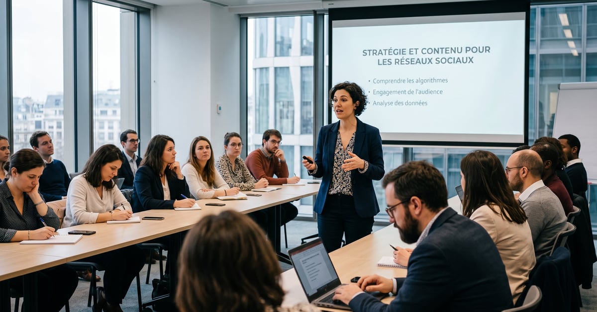 Formation sur les réseaux sociaux : une personne apprend à gérer les plateformes sociales sur ordinateur