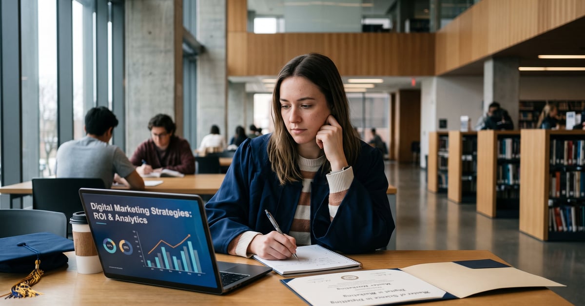 Étudiant travaillant sur une stratégie de marketing digital pour un master spécialisé