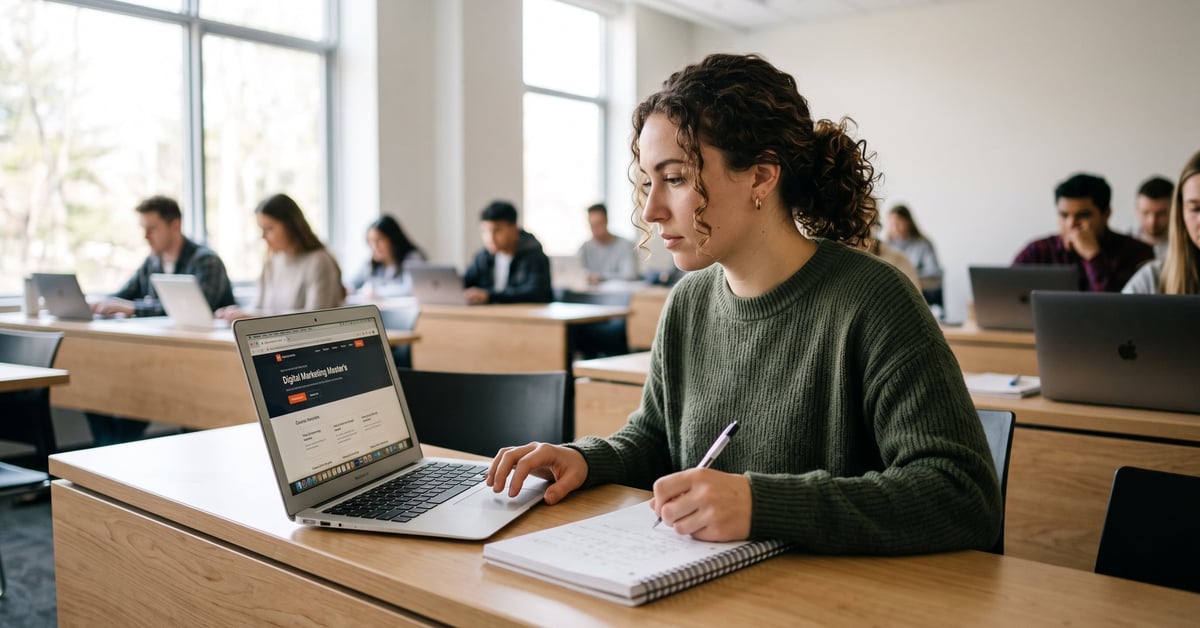 Étudiant en master marketing numérique travaillant sur stratégie digitale devant un écran moderne