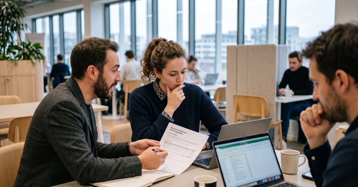 Salaire marketing digital : professionnel analysant des données de rémunération sur un écran moderne