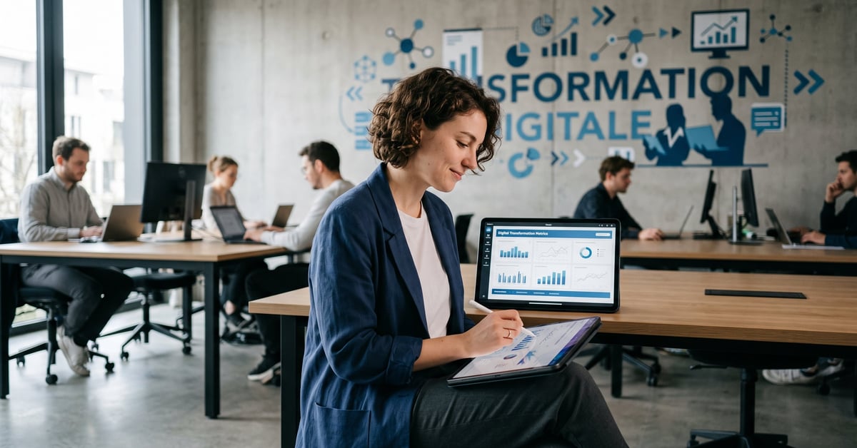 Transformation digitale en entreprise : équipe travaillant sur des outils numériques modernes