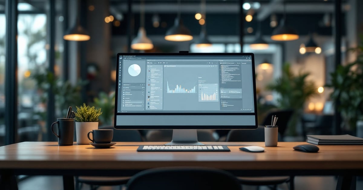 Outils digitaux exemples : écran d'ordinateur avec applications et logiciels professionnels modernes